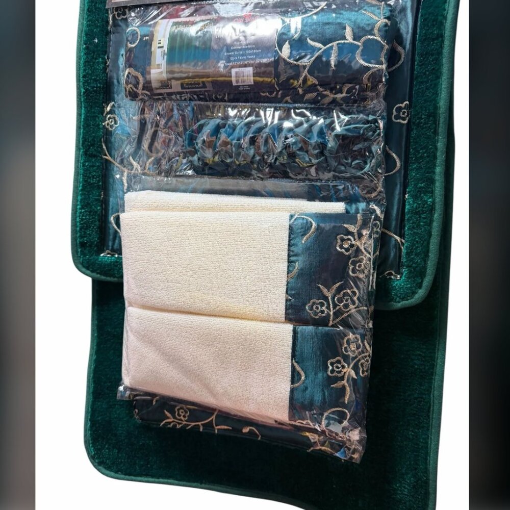 18 pieces Dark Green Bath set, Shower Curtain, Mats, Hooks and decorative towels